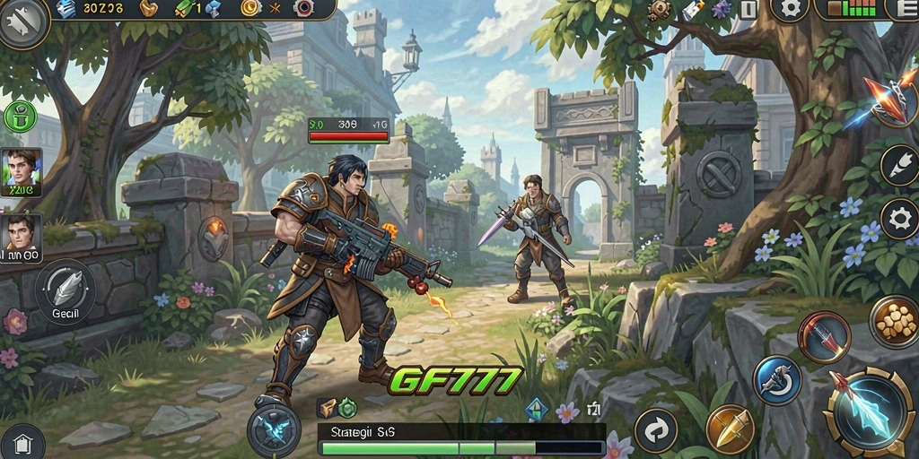 Screenshot gameplay GF777 yang menunjukkan aksi pertempuran strategis.