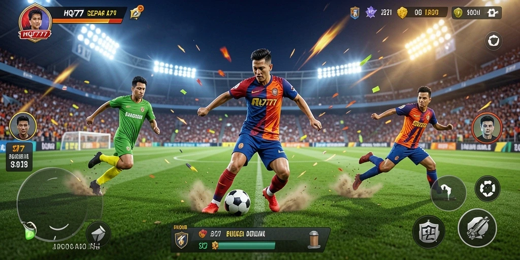 Gameplay seru dalam HQ777 dengan pertandingan sepak bola mendebarkan.