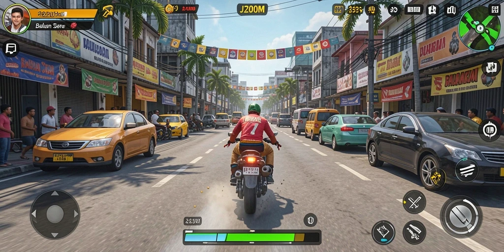 Screenshot utama J200M menunjukkan aksi balap seru di lintasan.