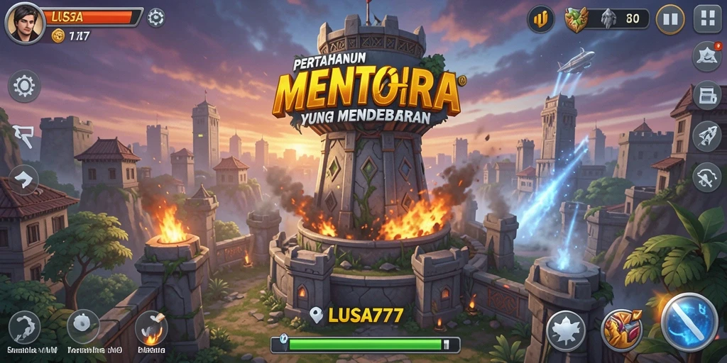 Tampilan menarik dari gameplay Tower Defense LUSA777 dengan menara yang berfungsi.