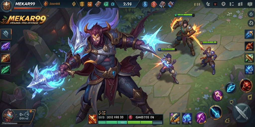 Tampilan aksi seru saat bertarung di <strong>MEKAR99</strong> dalam arena MOBA.