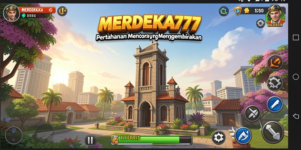 Gambaran gameplay menegangkan di MERDEKA777 dengan menara yang strategis.