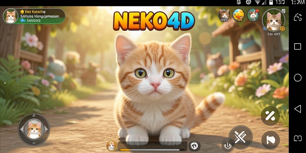 Tampilan gameplay NEKO4D dengan kucing lucu dan lingkungan yang interaktif.