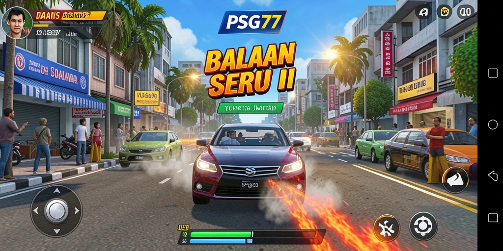 Screenshot gameplay PSG77 menampilkan mobil balap melaju kencang di trek.
