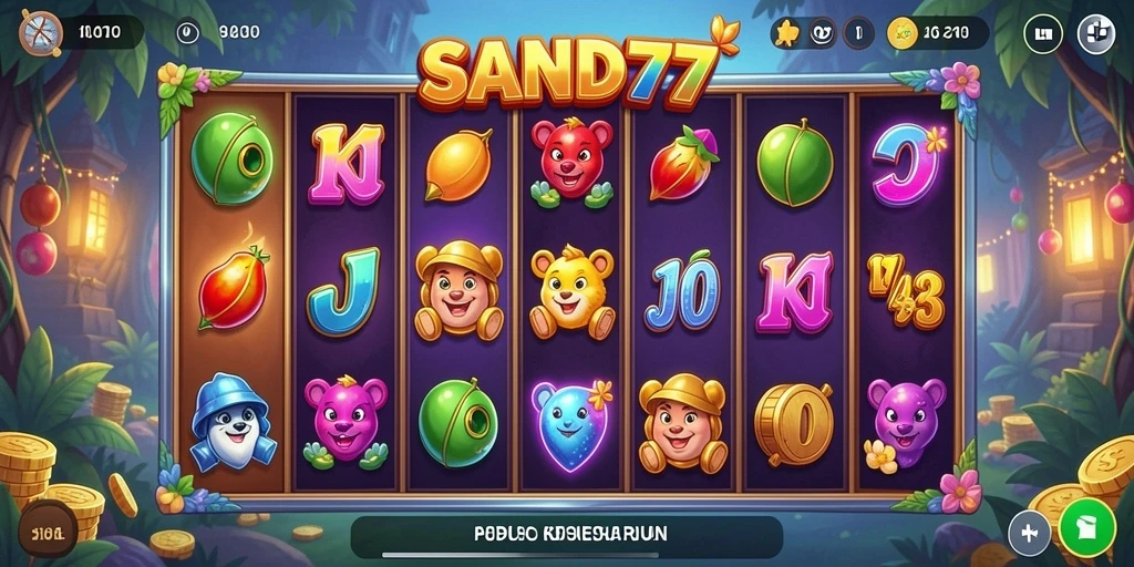 Screenshot gameplay SAND77 menampilkan grafik slot yang menawan.